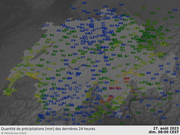 Foto gemaakt door MétéoSuisse (@meteosuisse) - De neerslagsommen de afgelopen 24 uur in Zwitserland, geldig tot 8 uur vanmorgen. Toen al op meerdere plekken 80-150 mm, met zelfs 185 mm in San Bernardino. Foto gemaakt door MétéoSuisse (@meteosuisse) - De neerslagsommen de afgelopen 24 uur in Zwitserland, geldig tot 8 uur vanmorgen. Toen al op meerdere plekken 80-150 mm, met zelfs 185 mm in San Bernardino.