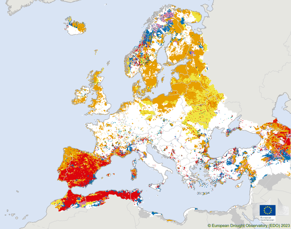 Foto gemaakt door European Drought Observatory - De Europese droogtekaart met daarop de situatie in de derde week van mei. Foto gemaakt door European Drought Observatory - De Europese droogtekaart met daarop de situatie in de derde week van mei.