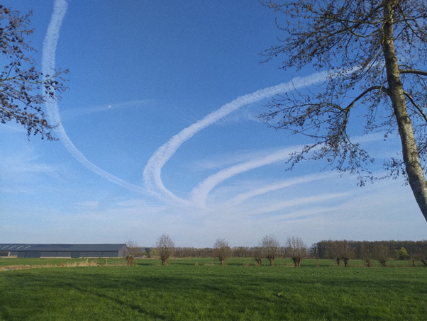 Foto gemaakt door Ellen van Balderen - Langbroek - Cirkelvormige contrails boven weiland
